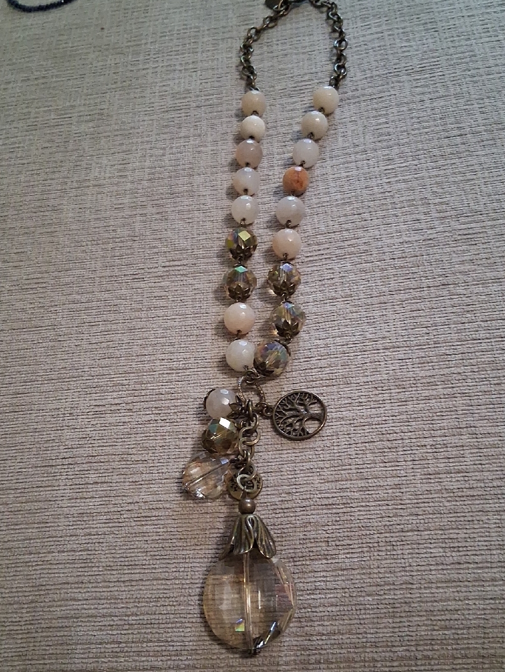 Beaded Pendant Necklace with Tree of Life Charm - Cream and Gold